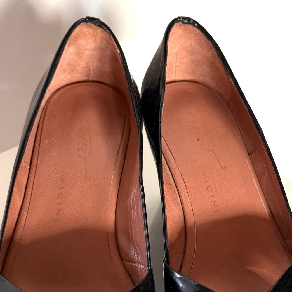 Vicini Tapeet Black Patent Leather Platform Peep Toe Heels Shoes - Picture 9 of 15